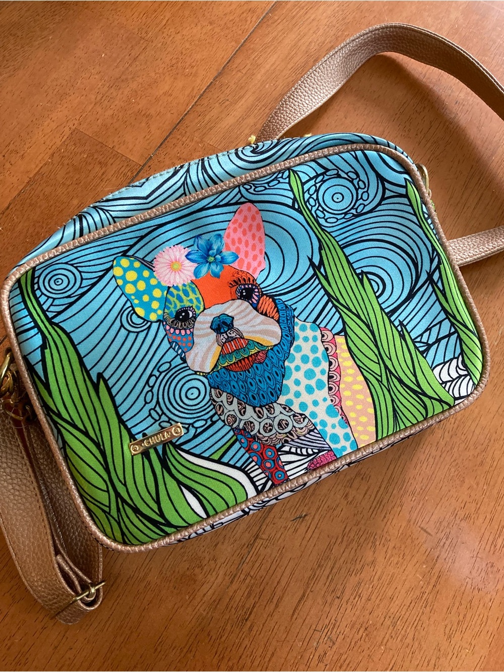 CHULA MEXICO Frenchie Dog Pop Art Crossbody Camera Bag Textured Metallic Gold